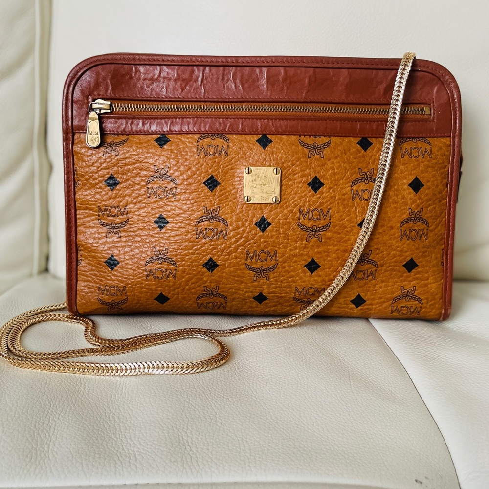 RARE! Authentic Vintage MCM Tan + Gold Leather Crossbody Purse